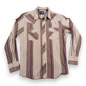 Wrangler Western Shirt Adult MEDIUM Brown Red Blue Striped Pearl Snap Cowboy`